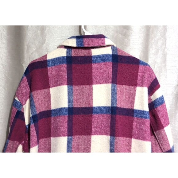 Women's Flannel Shacket Size XL Button Up Long Sleeve Warm Plaid Purple Pink - Picture 15 of 16